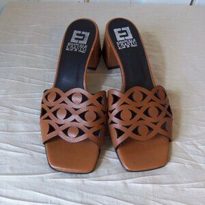 New Emanuele Crasto Cutout Slide Chunky Heel Sandals Brown Leather sz 38
